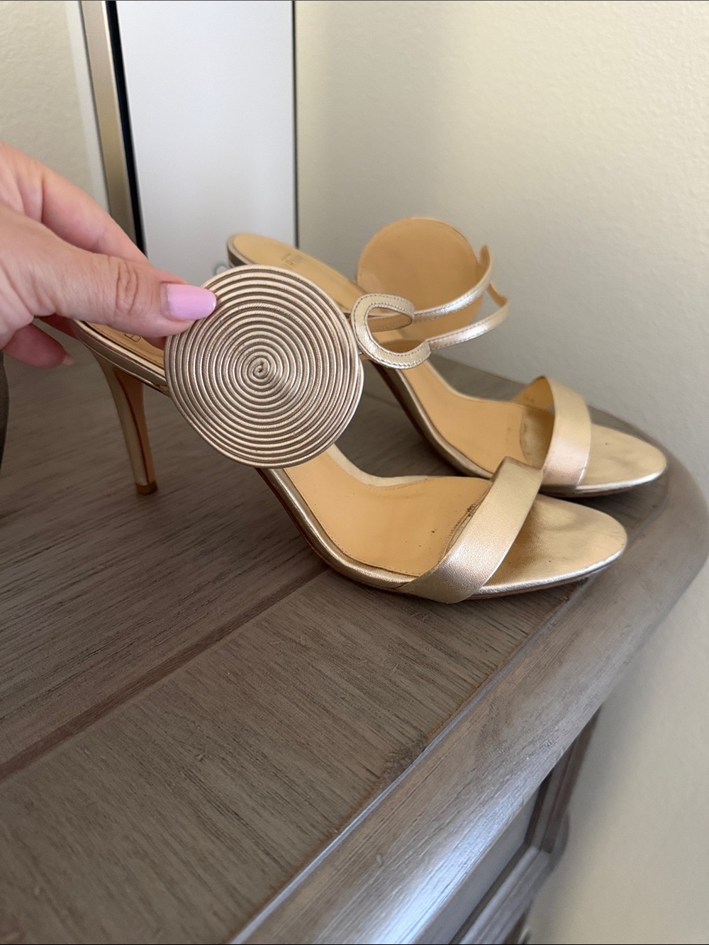 Alexandre Birman Metallic Gold Spiral-Embellished Heel Sandals